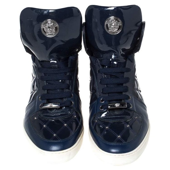 Versace Other - Versace Blue Patent Leather Medusa Studded High Top Sneakers Size 44